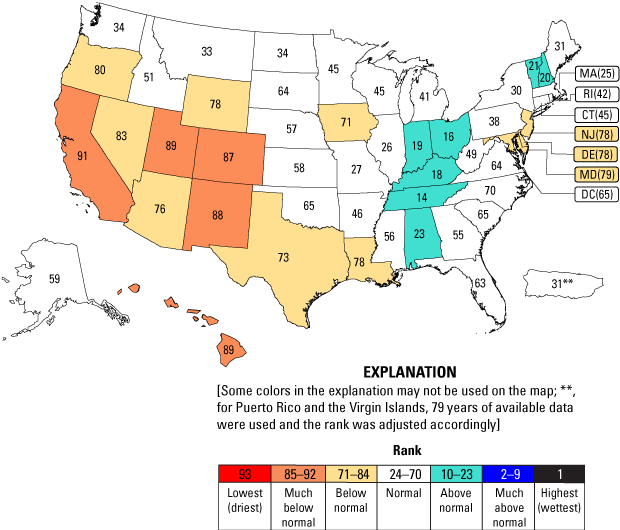Map with different colors on states showing winter statewide streamflow ranks in the
                     United States compared to winter streamflows for water years 1930–2022