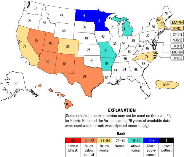 Map with different colors on states showing spring statewide streamflow ranks in the
                     United States compared to spring streamflows for water years 1930–2022.
