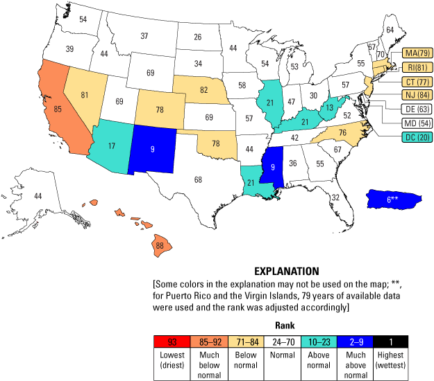 Map with different colors on states showing summer statewide streamflow ranks in the
                     United States compared to summer streamflows for water years 1930–2022.