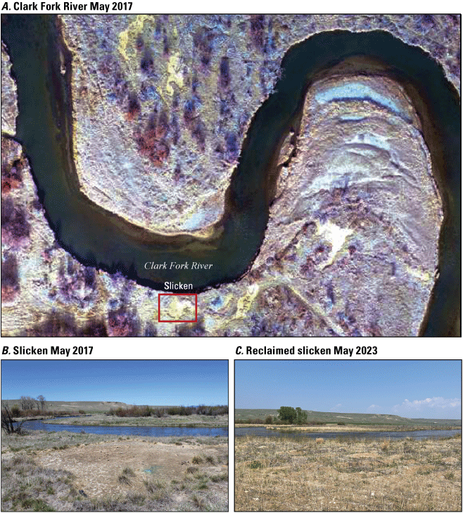 Aerial and ground-level photographs showing condition of streambank soils at Clark
                     Fork before remediation (2016) and after remediation (2023).