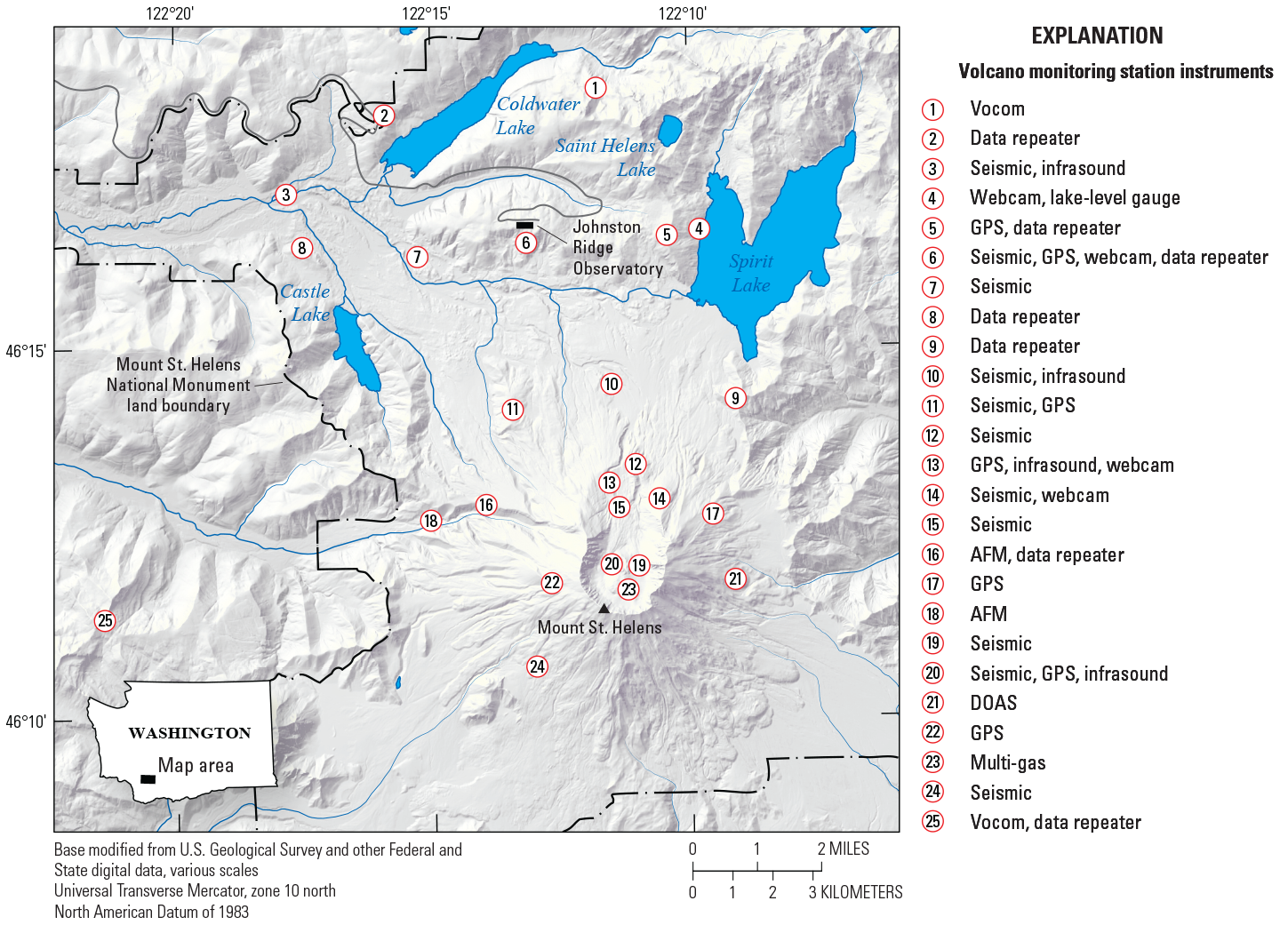 Figure 2. Topography of Mount St. Helens volcano. Scattered around the volcanic cone
                     are numbered circles representing various sensors. Twenty-five numbered circles are
                     distributed on and near the volcano, within approximately a 6-mile radius of the center
                     of the volcano.