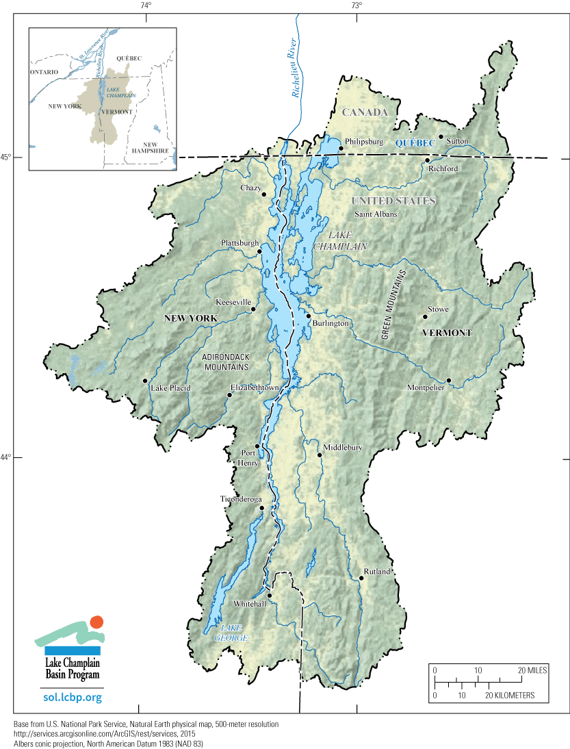 Figure 1. Lake Champlain within the outline of the Lake Champlain Basin.