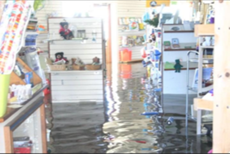 The inside of a marina store flooded at least a foot deep, with retail stock still
                     on the shelves above the water.