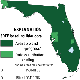 3DEP baseline lidar data are available and in progress for all of Florida except the
                     Tampa and Pensacola regions, an area north of Lake Okeechobee, and an area north of
                     Daytona Beach, for which data contributions are pending.