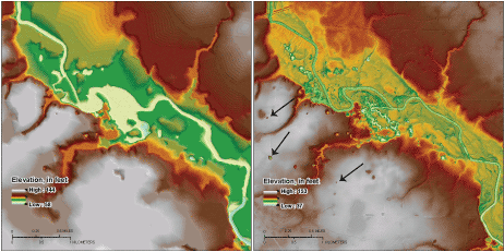Elevation colors range from green (lowest) through yellow and red to white (highest).
                     Right image shows multiple small sinkholes as pockmarks in the white areas.