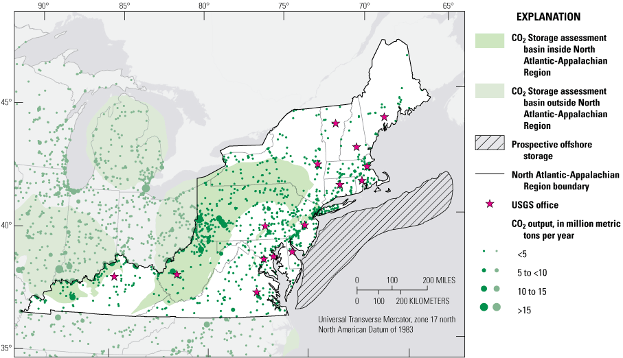 Potential underground CO2 storage areas are mainly in southern New York, Pennsylvania,
                        West Virginia, and Kentucky, and offshore Virginia to Massachusetts and industrial
                        CO2 output is highest in western Pennsylvania, West Virginia, and Kentucky.