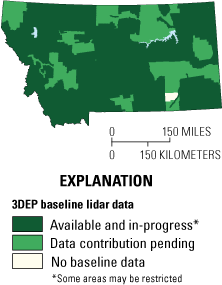 3DEP baseline lidar data are available and in progress across the majority of the
                     State. Pending data contributions are scattered throughout the State. One area of
                     no baseline data is in southeastern Montana.