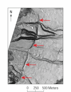 The Bitterroot fault trends north-south and cuts across the Ward Creek fan.