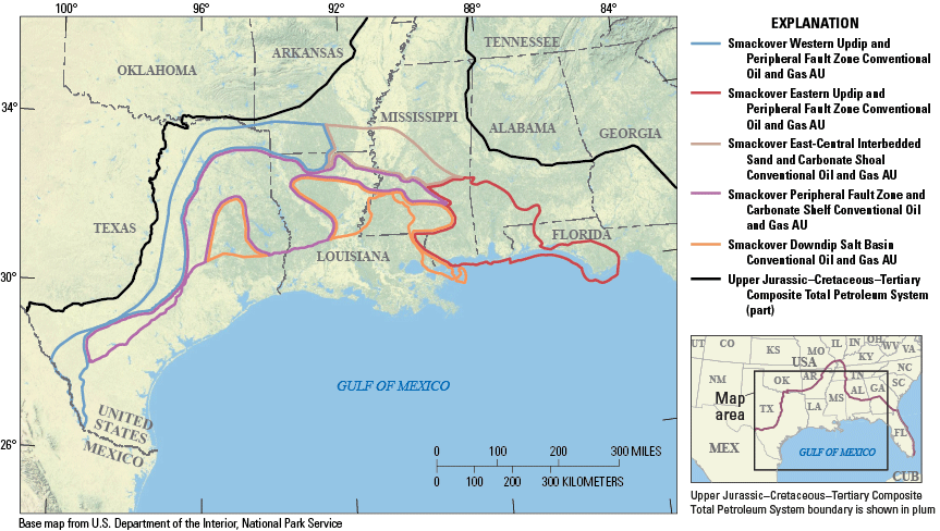 Figure 1. Map showing location of five Upper Jurassic Smackover Formation conventional
                     oil and gas assessment units.