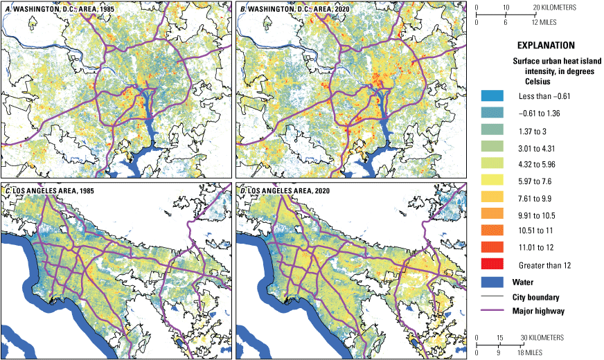 Each grid in the urban area is labeled by a temperature difference. A positive and
                     large difference suggests urban area is warm and heat island intensity is large.