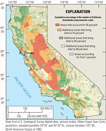 An overview of California indicating the areas relying on domestic wells. 