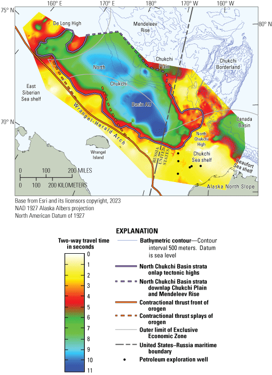 Time-depth structure map of base of sedimentary succession in the North Chukchi Basin
                     Assessment Unit and adjacent areas.