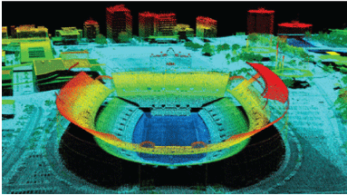 Colors representing elevation of Ohio Stadium and vicinity range from blue (lowest
                     areas) through green, yellow, and orange, to red (highest areas). The stadium playing
                     field is blue, while the uppermost deck is orange and the tops of the tallest nearby
                     buildings are red
