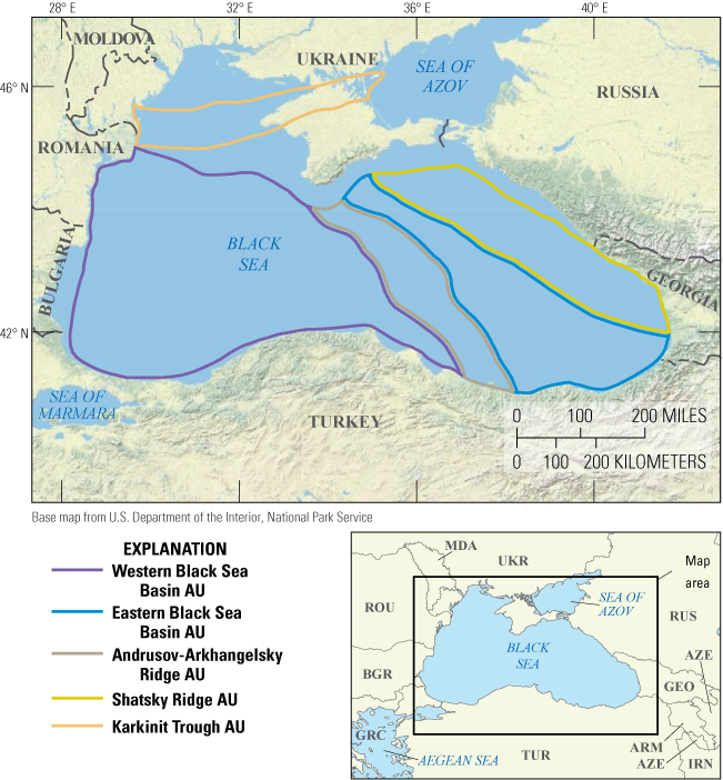Location of five conventional assessment units in the Black Sea area.