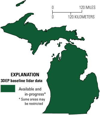 Baseline 3DEP data collection for Michigan is complete, conceptualized by the shape
                     of the state being completely filled with a dark green color.