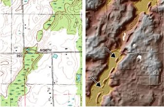 The glacial esker deposits can be identified on the lidar map but cannot be identified
                     on the traditional USGS topographic map.