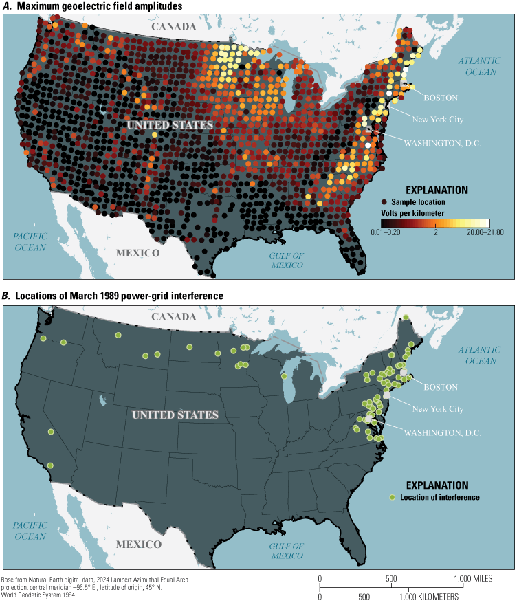 Amplitudes were high in the East and in the upper Midwest; the interference to electric-power
                     grids during the March 1989 storm was concentrated in the Eastern United States.