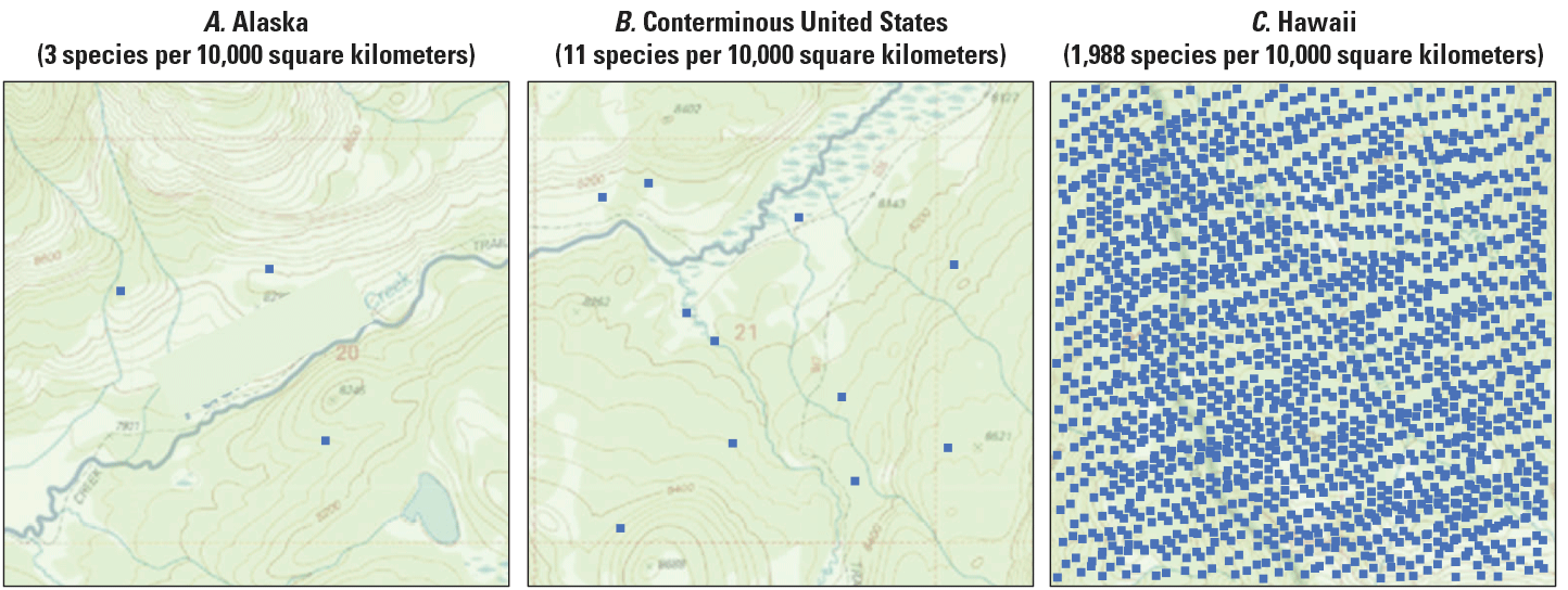 Three equally sized boxes left to right with squares representing each locality of
Alaska, Conterminous United States, and Hawaii