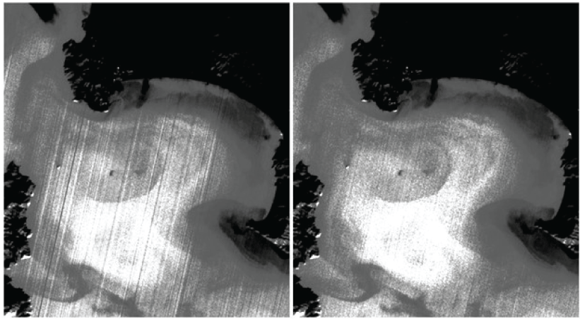 Alttext 7. Side-by-side greyscale thermal infrared sensor images displaying striping
                     and reduced striping 