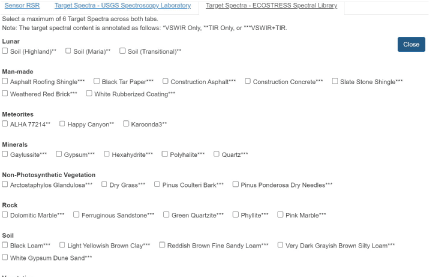 AltText 4. Checkboxes allow for comparisons of multiple sensor RSRs and target spectra.