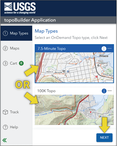 1. The Map Types panel appears when starting topoBuilder. The user must choose a map
                     type before continuing.