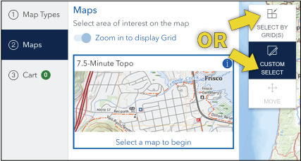 2. The Maps panel has an option to zoom in to the grid. Select by Grid, Custom Select,
                     and Move appear to the right.