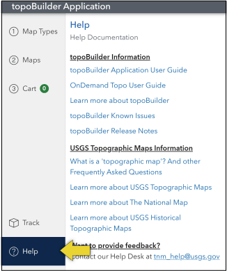 6. The Help panel has links to the topoBuilder User Guide, USGS websites about topographic
                     maps, and The National Map.