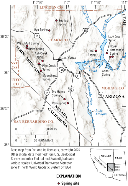 1. Spring sites are in several southern Nevada mountain ranges, all within 55 miles
                     of Las Vegas, Nevada.