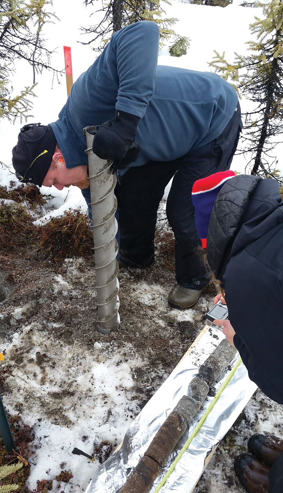 One person using equipment to extract a sample from the ground and one person taking
                        a picture of an extracted sample.