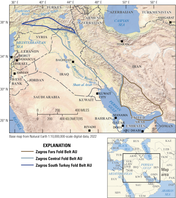 Geologic boundaries of three conventional assessment units in the Zagros Fold Belt
                     of Iran, Iraq, Syria, and Turkey.
