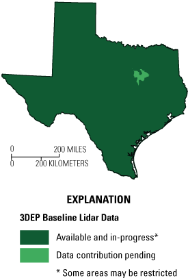 3DEP baseline lidar data are available and in progress for all of Texas except an
                     area to the southeast of Dallas for which data contributions are pending.