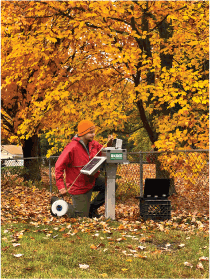 U.S. Geological Survey (USGS) hydrologic technician measures a groundwater level at
                        a Climate Response Network monitoring well in Worcester County, Massachusetts (USGS
                        station 422058072085101). Photograph by Samuel Banas, USGS, October 2022.