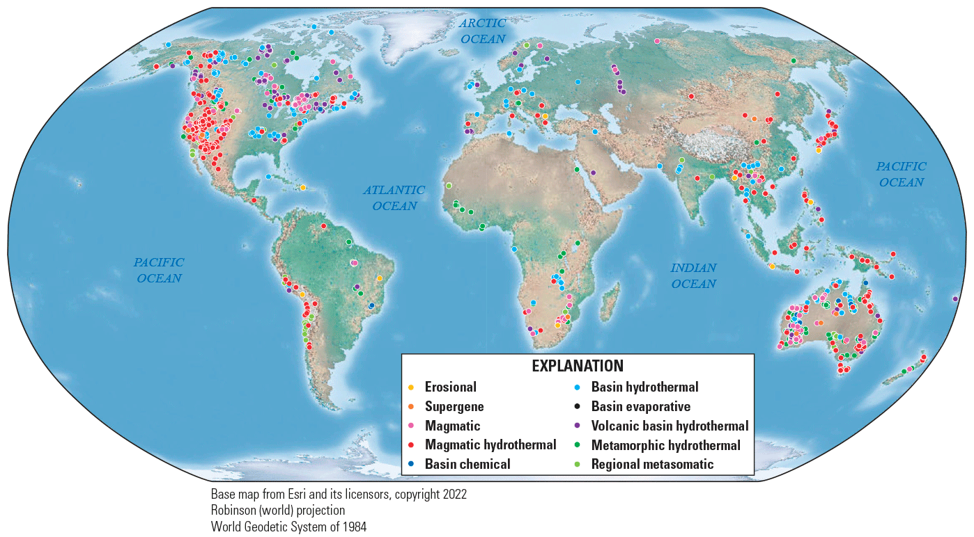 A world map of deposits represented in the Critical Minerals in Ores database, symbolized
                     by their deposit environment classification.