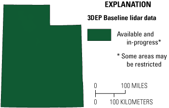 Baseline 3DEP data collection for Utah is complete, conceptualized by the shape of
the state being completely filled with a dark green color.