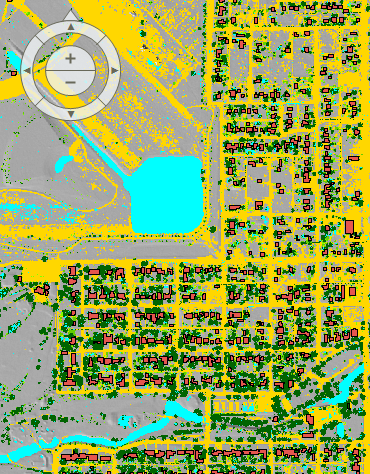 Aerial perspective view of a roughly six- by ten-block area of Roswell, New Mexico,
                     shows bare ground (gray) and paved areas (yellow) predominating, while tree canopy
                     (green) is generally near houses and other buildings (red) and along streams (blue).