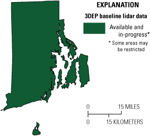 Baseline 3DEP data collection for Rhode Island is complete, conceptualized by the
shape of the State being completely filled with a dark green color.