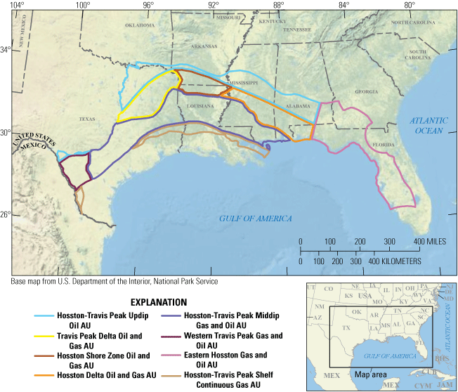Seven conventional and one continuous oil and gas assessment units span the Lower
Cretaceous Hosston and Travis Peak Formations in the U.S. Gulf Coast.