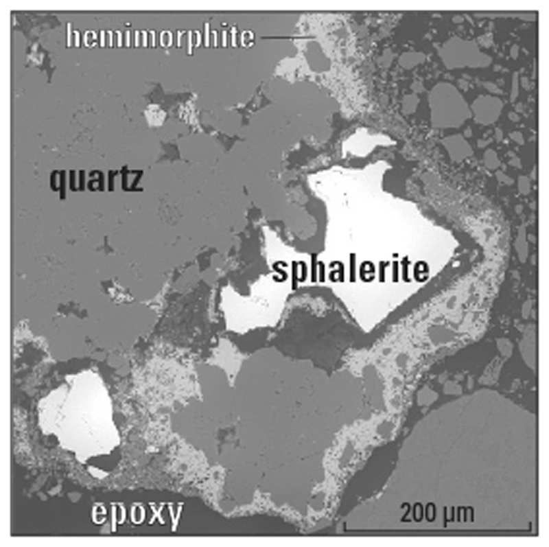Scanning electron microscope (SEM) image of weathered mine waste from Tar Creek Superfund
                        Site, Oklahoma. Both sphalerite and hemimorphite host zinc and germanium. 