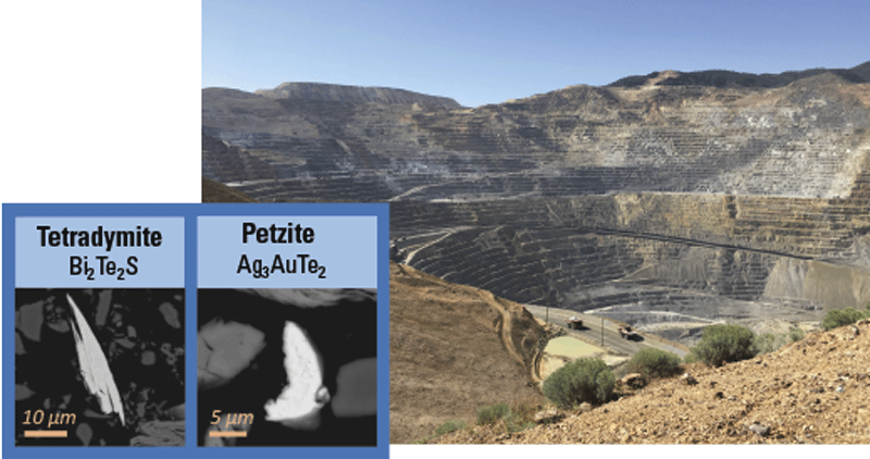 Tellurium is hosted in a variety of minerals in tailings (left) generated by the Bingham
                        Canyon mine in Utah (right), which recovers copper, molybdenum, and gold and byproducts
                        including tellurium. Photograph by Bob Seal, U.S. Geological Survey. 