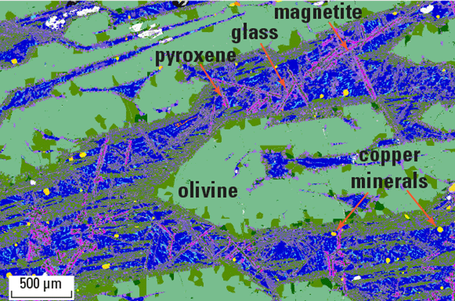 A false-color mineral map of slag from the Bingham Canyon mine, Utah, illustrating
                        the complex mineralogy and textures at the grain scale. The image was generated using
                        an automated mineralogy analyzer. 