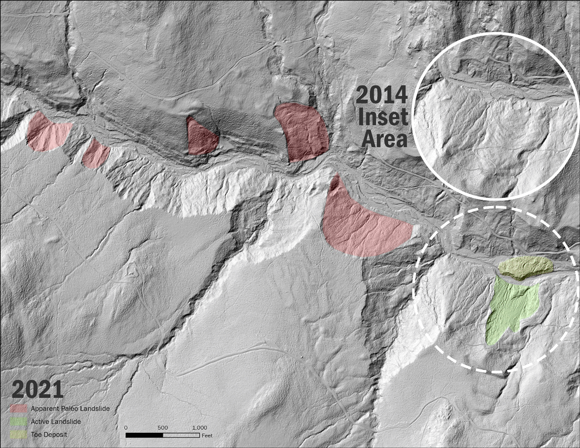 Along Cotton Brook, five scarps separated by varying distances are shown