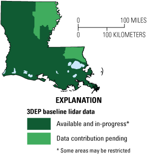 3DEP baseline lidar data are available and in progress for most of Louisiana, with
                     areas in the northeast and southeast of the State pending.