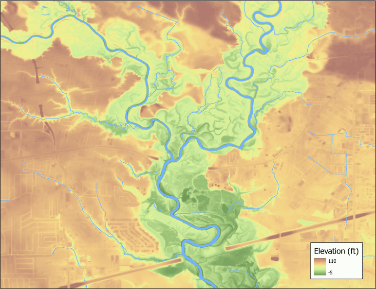 Elevation is higher, as much as 110 feet above sea level, near the perimeter of the
                     basin, especially the northeastern part.