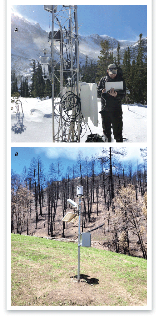 A person with a computer standing next to monitoring equipment in the foreground and
                     snow-covered mountains and trees in the background. A precipitation gage installed
                     below a burned section of forest.