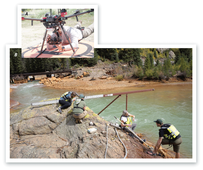 Person setting up equipment underneath an Uncrewed Aircraft System. Four people at
                        a streamgage on a mountain stream next to a railroad track servicing water quality
                        sensors.