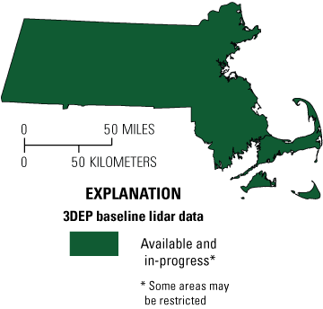 Baseline 3DEP data collection for Massachusetts is complete, conceptualized by the
                     shape of the state being completely filled with a dark green color.