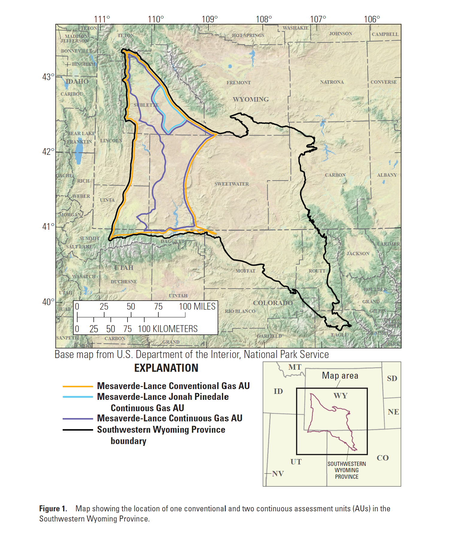One conventional and two continuous assessment units span southwestern Wyoming and
northwestern Colorado.