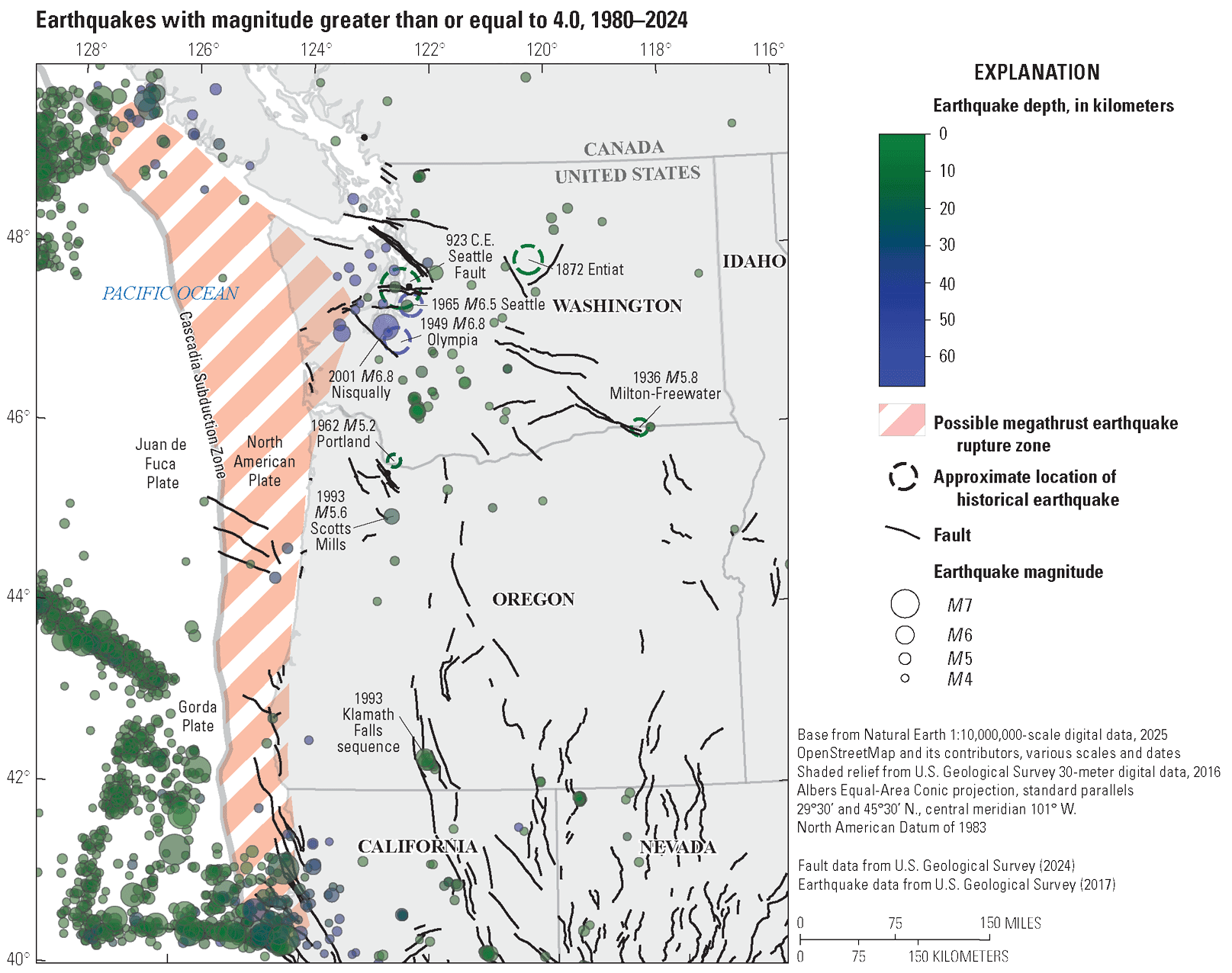 The U.S. Pacific Northwest and the epicenters of recent or notable earthquakes.