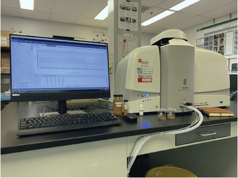 A computer screen displaying a curve graph on a lab table next to a particle size
                     analyzer.