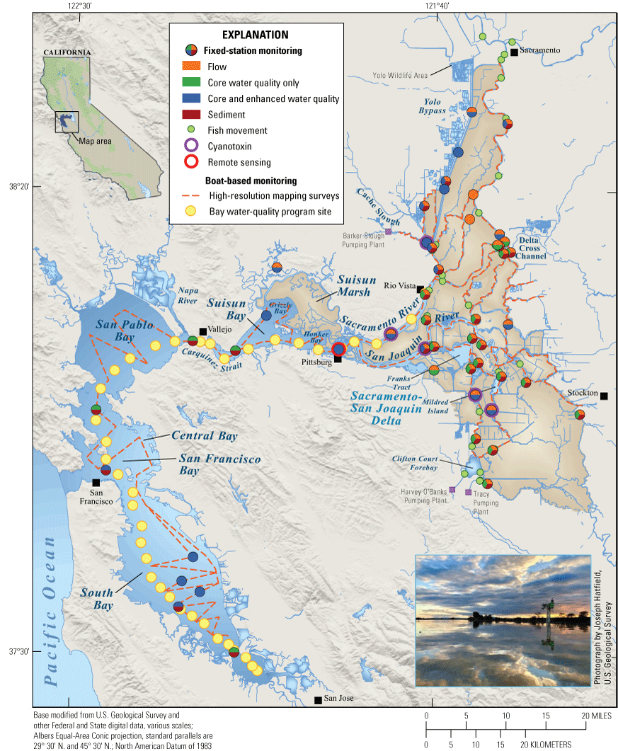 2. Fixed-station and boat-based monitoring of water quality and flow extends from
                     the eastern Delta to the South Bay.
